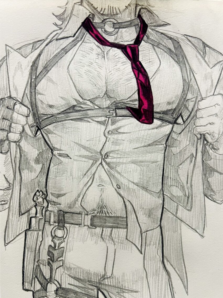 1boy bara beard_stubble chest_hair coat commentary english_commentary facial_hair gallagher_(honkai:_star_rail) graphite_(medium) hatching_(texture) highres honkai:_star_rail honkai_(series) linear_hatching male_focus marker_(medium) muscular muscular_male necktie open_clothes open_coat partially_colored pectoral_cleavage pectorals red_necktie strap stubble teavon8 traditional_media unbuttoned unbuttoned_shirt