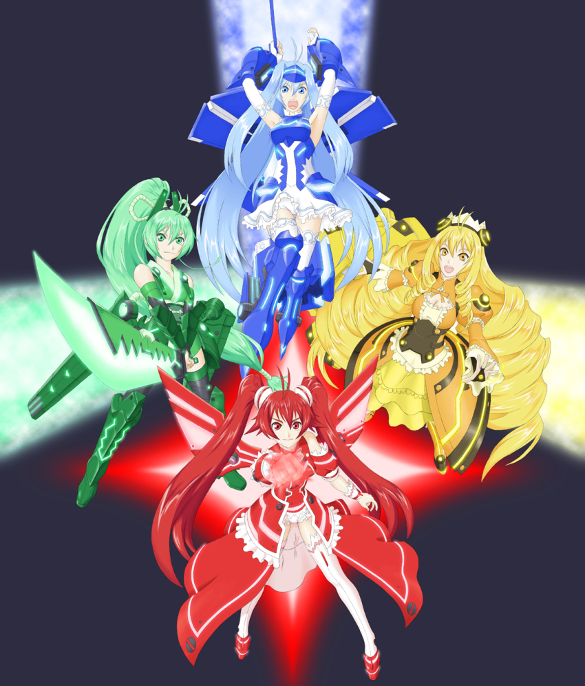black_background green_theme highres huge_weapon long_hair ponytail red_theme sunrise_stance tagme thighhighs very_long_hair vividblue vividgreen vividred vividred_operation vividyellow weapon