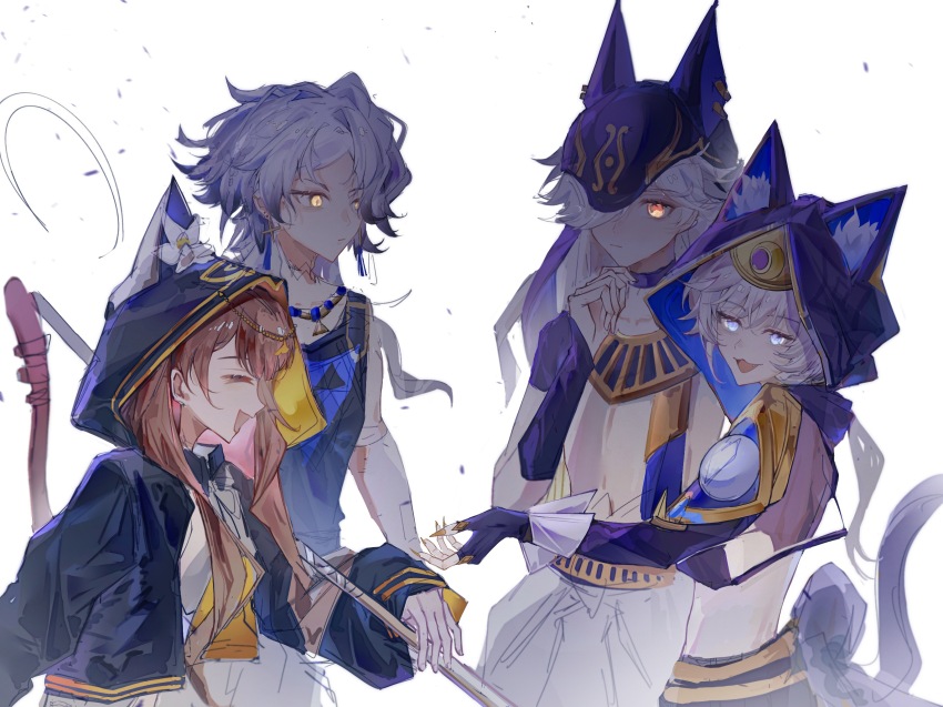 2boys 2girls ancient_egyptian ancient_egyptian_clothes arknights armor blunt_bangs bridal_gauntlets brown_hair cat_girl cat_tail chinese_commentary cipher_(honkai:_star_rail) closed_eyes closed_mouth collarbone crop_top crossover cyno_(genshin_impact) detached_collar earrings fingernails friends from_side genshin_impact glowing glowing_eyes hair_between_eyes hand_on_own_chin hand_up happy hat highres holding holding_weapon honkai:_star_rail honkai_(series) hood hood_up in-franchise_crossover jacket jewelry long_hair long_sleeves looking_at_viewer messy_hair mihoyo multiple_boys multiple_girls navel necklace open_clothes open_jacket open_mouth orange_eyes pants pepe_(arknights) purple_eyes qingningxiaan21085 red_eyes sand_reckoner_(arknights) serious shade shaded_face sharp_fingernails short_hair shoulder_armor simple_background sleeveless standing stomach tail tan wavy_hair weapon white_background