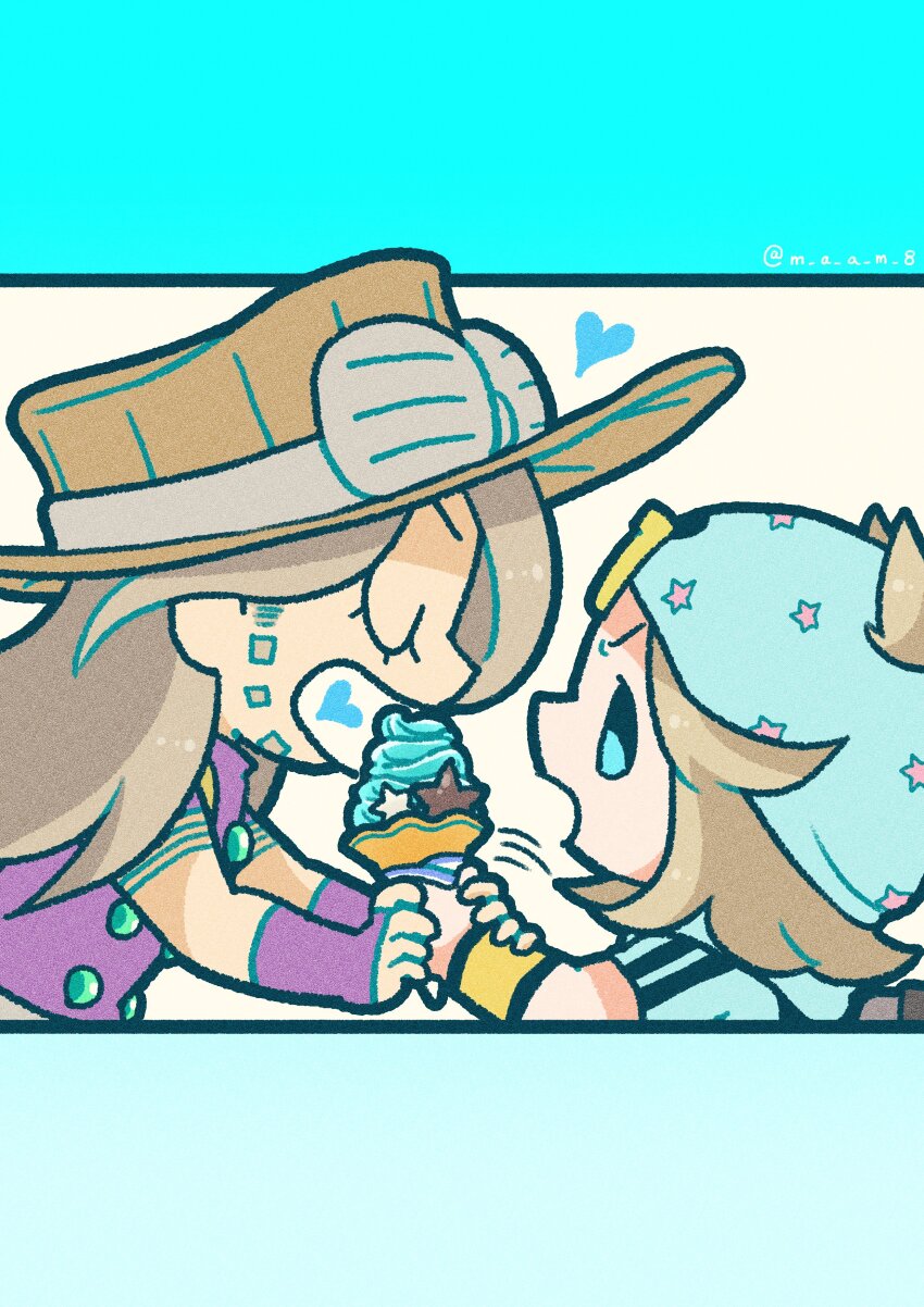 2boys absurdres beanie beard blonde_hair blue_eyes blue_hat blue_hoodie bridal_gauntlets brown_hat chibi chibi_only closed_eyes commentary cowboy_hat facial_hair feeding food goggles goggles_on_headwear grey_hair gyro_zeppeli hat heart highres holding holding_food holding_ice_cream hood hood_down hoodie ice_cream ice_cream_cone johnny_joestar jojo_no_kimyou_na_bouken long_hair m_a_a_m_8 male_focus medium_hair multiple_boys open_mouth purple_bridal_gauntlets purple_shirt shirt short_sleeves star_(symbol) star_print steel_ball_run symbol-only_commentary wristband