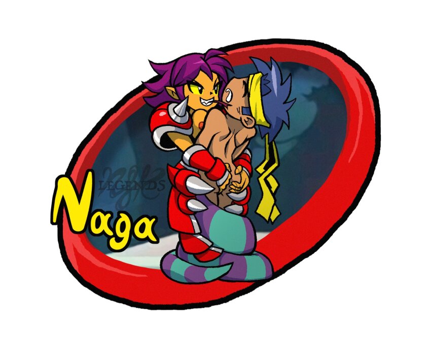 1boy 1girl armor bolo_(shantae) chibi claws clothed_sex coiled evil_smile femdom forked_tongue grabbing_another&#039;s_ass groping hetero highres legendsnjk monster_girl naga_(shantae) shantae_(series) short_hair smile snake_girl snake_tail tail tongue vaginal
