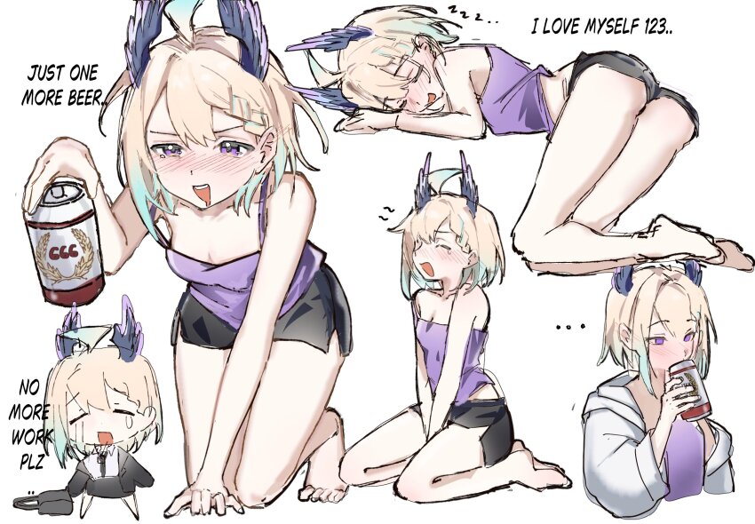 ... 1girl ahoge aqua_hair ass barefoot beer_can blonde_hair blush braid breasts camisole can cleavage dolphin_shorts drink_can drinking drooling drunk ear_blush english_text enna_alouette hair_between_eyes head_wings highres holding holding_can mouth_drool multicolored_hair multiple_views nijisanji nijisanji_en nose_blush office_lady open_mouth purple_camisole purple_eyes shorts sketch sleeping small_breasts streaked_hair teardrop tearing_up virtual_youtuber wings yawning yukdz2 zzz