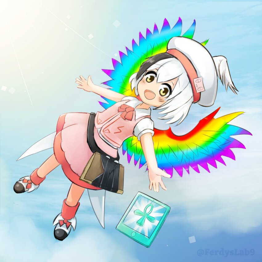 1girl ankh bird_wings blush book ferdy&#039;s_lab hat_feather highres hollow_song_of_birds looking_at_viewer multicolored_hair multicolored_wings neck_ribbon pink_shorts pink_vest red_socks ribbon shoes short_hair shorts socks solo tablet_pc torisumi_horou touhou vest wings yellow_eyes