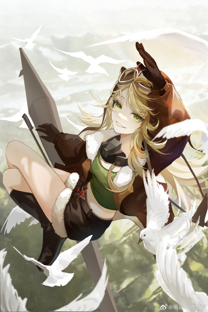 1girl alternate_eye_color animal_ear_headwear animal_ears arm_up aviator_cap bird black_boots blonde_hair boots broom broom_riding brown_gloves brown_hat brown_jacket brown_shorts crossed_legs day fake_animal_ears aviator_goggles from_above full_body fur-trimmed_jacket fur-trimmed_shorts fur_trim gloves goggles goggles_on_headwear green_eyes green_shirt grin hand_up hat highres hua_hua_de_qiluoluo jacket knee_boots lilya_(reverse:1999) long_hair long_sleeves looking_at_viewer mask mask_around_neck mechanical_broom midriff mountain open_clothes open_jacket outdoors oxygen_mask reverse:1999 shirt short_shorts shorts sidesaddle sitting smile solo too_many too_many_birds watermark weibo_watermark white_bird