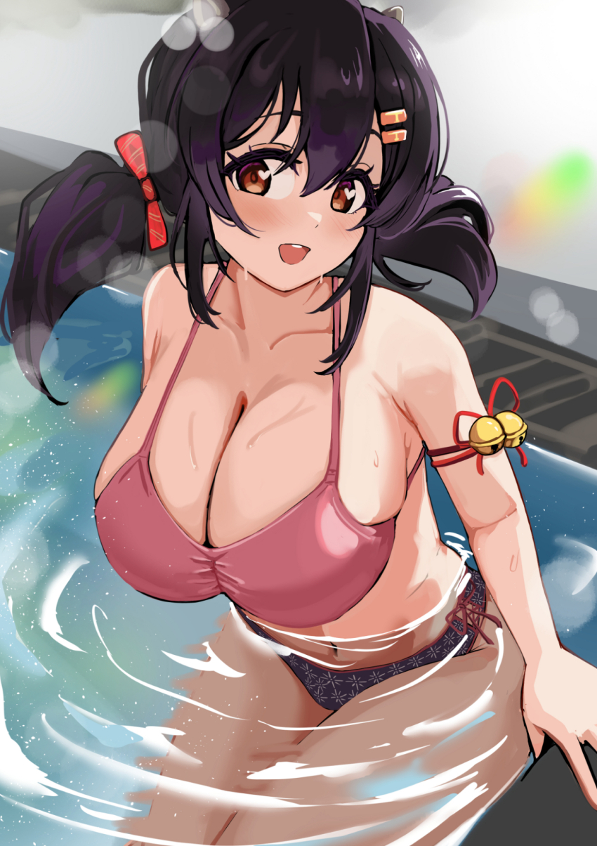 1girl :d azur_lane bell bikini black_bikini black_hair breasts brown_eyes cleavage collarbone commentary_request commission hair_between_eyes hair_ornament hair_ribbon hairclip highres large_breasts looking_at_viewer mismatched_bikini nagara_(azur_lane) navel open_mouth partially_submerged pink_bikini pisagi pixiv_commission ribbon smile solo swimsuit teeth twintails upper_teeth_only wet