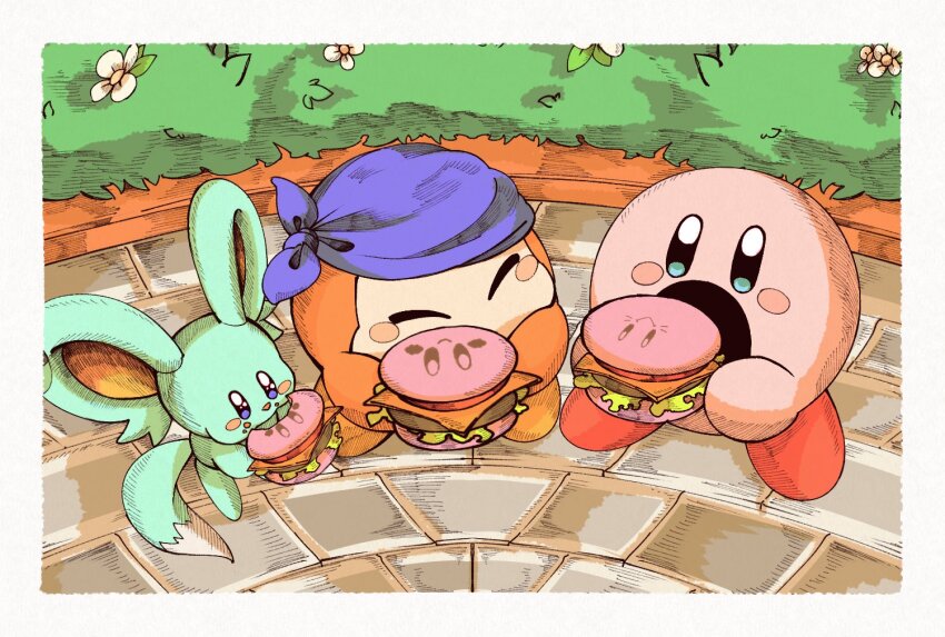 ^_^ bandana bandana_waddle_dee blue_bandana blue_eyes blush blush_stickers border burger bush cheese closed_eyes eating elfilin emma_03333 flower food food_on_face holding holding_food kirby kirby_(series) kirby_burger lettuce looking_to_the_side nintendo no_humans open_mouth stone_floor tomato tomato_slice white_border white_flower