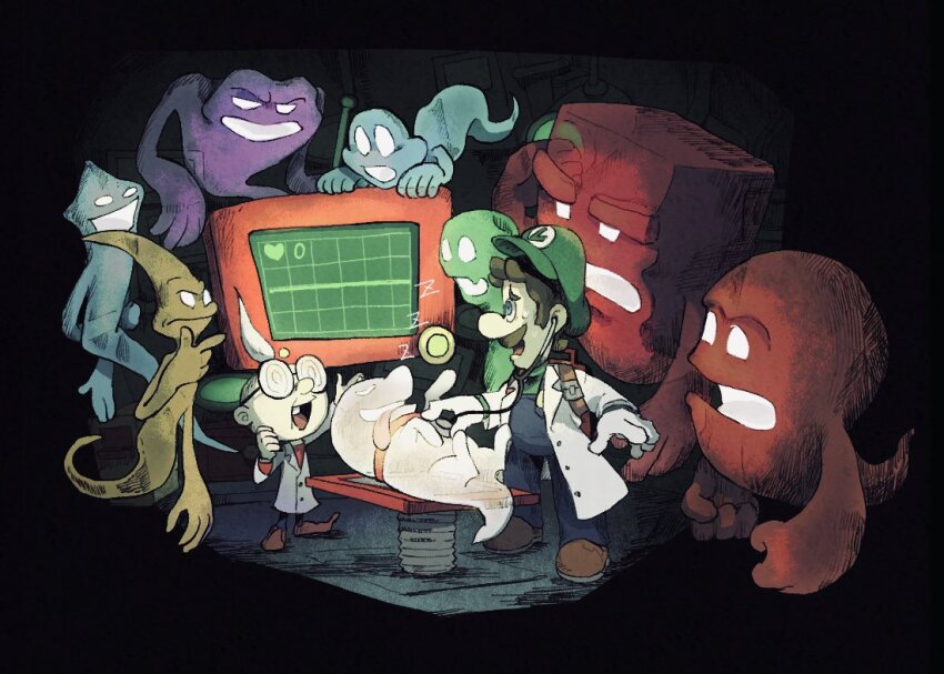 2boys blue_eyes blue_overalls blue_pants brown_footwear brown_hair buttons cardiogram closed_eyes closed_mouth coat coke-bottle_glasses commentary_request dog facial_hair ghost glasses gloves glowing glowing_eye glowing_mouth goob_(luigi&#039;s_mansion) green_headwear green_shirt greenie_(luigi&#039;s_mansion) hammer_(luigi&#039;s_mansion) hat heart hider_(luigi&#039;s_mansion) holding holding_stethoscope lab_coat long_sleeves luigi luigi&#039;s_mansion lying mario_(series) multiple_boys mustache nintendo on_back oozer_(luigi&#039;s_mansion) open_clothes open_coat open_mouth overalls pants polterpup professor_elvin_gadd raised_eyebrows rinabee_(rinabele0120) round_eyewear shirt shoes short_hair slammer_(luigi&#039;s_mansion) sleeping slinker_(luigi&#039;s_mansion) smile standing stethoscope sweatdrop tongue tongue_out u_u white_coat white_gloves white_hair zzz