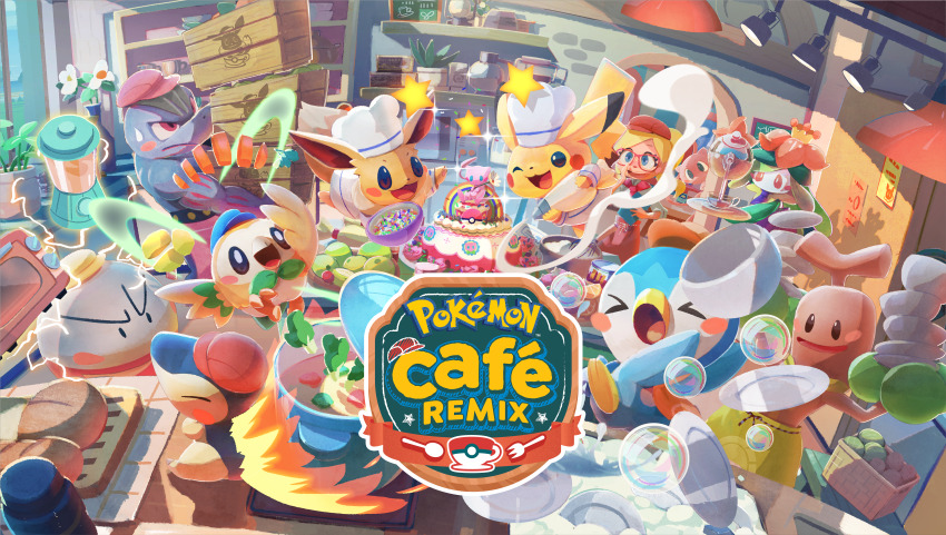 &gt;_&lt; 1girl :3 ;3 absurdres artist_request batter blender_(object) blonde_hair blue_eyes blush blush_stickers bowl bread bubble cake ceiling_light chalkboard character-themed_food chef_hat closed_eyes closed_mouth clothed_pokemon coffee_pot cooking cooking_pot copyright_logo crate cup cyndaquil eevee eevee_(chef&#039;s_whites) electricity electrode_(pokemon) eyelashes fire flower flying food gen_1_pokemon gen_2_pokemon gen_4_pokemon gen_5_pokemon gen_7_pokemon grin hand_on_own_hip hat highres holding holding_bowl holding_pastry_bag holding_plate icing indoors leah_(pokemon) legendary_pokemon lilligant long_hair machoke mew_(pokemon) mixing_bowl mythical_pokemon nintendo official_art one_eye_closed open_mouth pastry_bag pikachu pikachu_(chef&#039;s_whites) pink_hat piplup plant plate poke_ball poke_ball_(basic) pokemon pokemon_(creature) pokemon_cafe_remix ponytail potted_plant pouring red_eyes red_hat rowlet second-party_source shelf shirt smile soap_bubbles soup sparkle sprinkles standing star_(symbol) sudowoodo sweatdrop teeth toaster_oven upper_teeth_only v-shaped_eyes water whisk white_flower white_hat white_shirt window yellow_hat