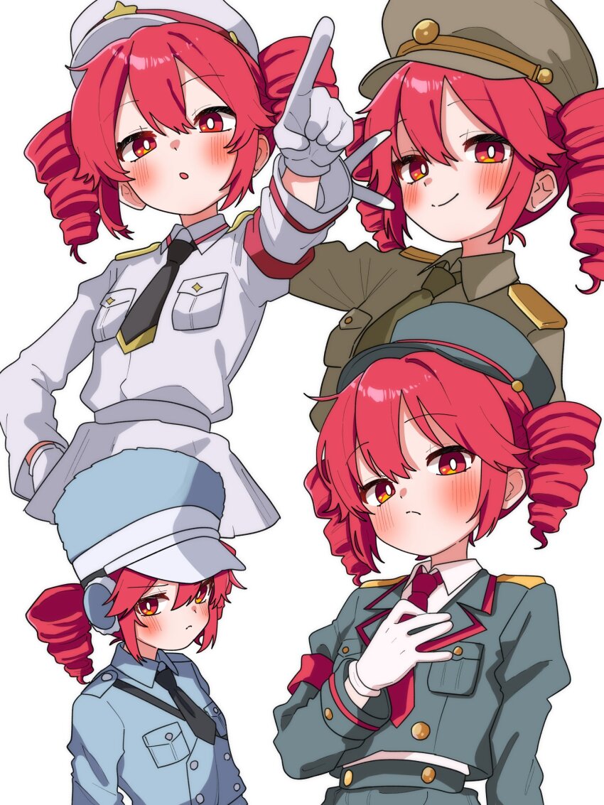 1girl alternate_costume armband black_necktie blush breast_pocket bright_pupils brown_hat brown_jacket brown_necktie buttons closed_mouth double-breasted drill_hair earmuffs epaulettes gloves grey_hat grey_jacket hat highres jacket kasane_teto long_sleeves looking_at_viewer military_uniform multiple_views necktie parted_lips peaked_cap pocket pointing red_armband red_eyes red_hair red_necktie shoulder_belt twin_drills upper_body utau v vvv_fnk white_gloves white_hat white_jacket white_pupils