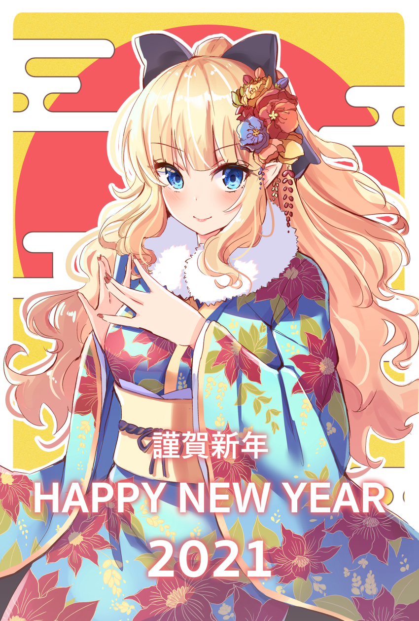 1girl 2021 absurdres black_bow blonde_hair blue_eyes blue_flower blue_kimono blush bow brown_flower closed_mouth egasumi floral_print flower fur_collar hair_bow hair_flower hair_ornament happy_new_year highres holmemee japanese_clothes kimono long_hair long_sleeves looking_at_viewer nail_polish new_year pointy_ears ponytail princess_connect! print_kimono red_background red_flower red_nails saren_(princess_connect!) smile solo translation_request two-tone_background very_long_hair wide_sleeves yellow_background
