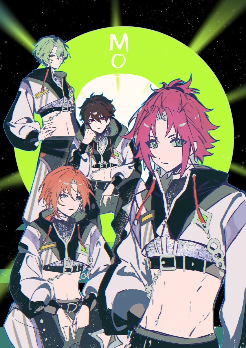 4boys absurdres belt black_belt brown_hair crop_top cropped_jacket ensemble_stars! green_eyes green_hair hair_between_eyes half_updo hand_on_own_hip highres isara_mao looking_at_viewer low_ponytail morisawa_chiaki multiple_boys official_alternate_costume orange_hair ponytail ppzi567 purple_eyes red_eyes red_hair short_hair tomoe_hiyori tsukinaga_leo