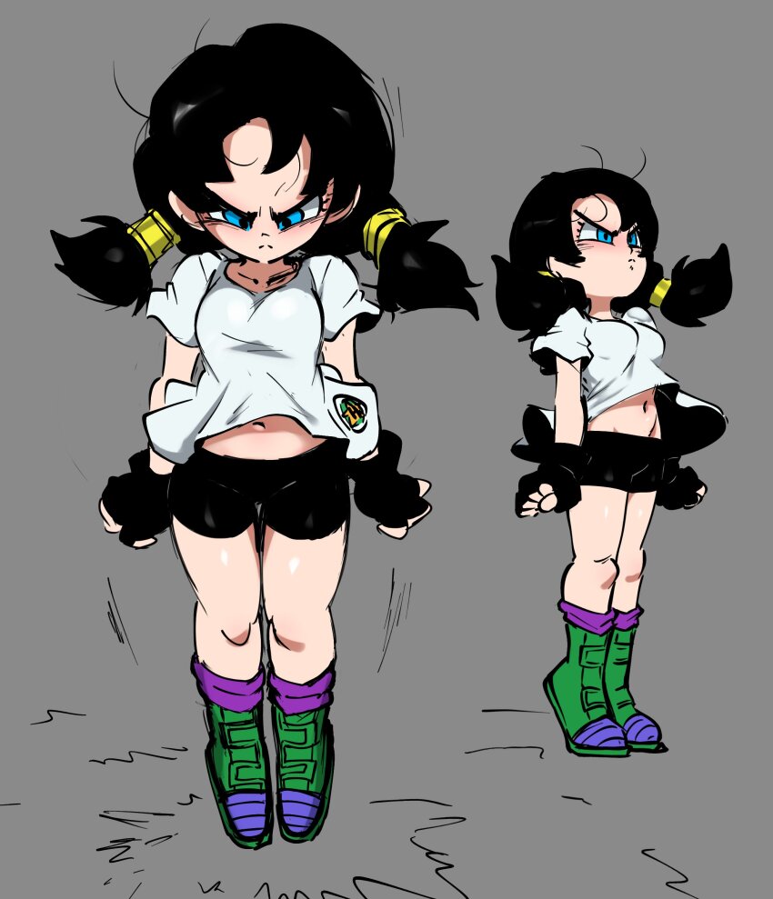 1girl absurdres bike_shorts black_gloves black_hair black_shorts blue_eyes boots closed_mouth dragon_ball dragonball_z fingerless_gloves frown gloves green_footwear grey_background hair_tubes highres jellot low_twintails multiple_views navel shirt shorts simple_background tiptoes twintails videl white_shirt
