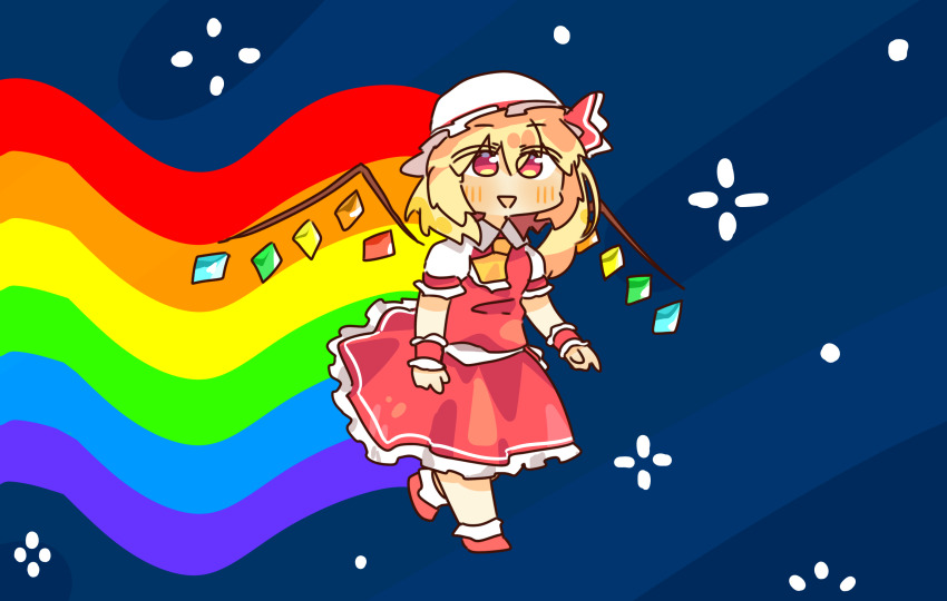 1girl blonde_hair commission dress flandre_scarlet full_body highres jewelry lcron medium_hair meme nyan_cat pixiv_commission rainbow red_dress red_eyes red_footwear solo space touhou triangle_mouth