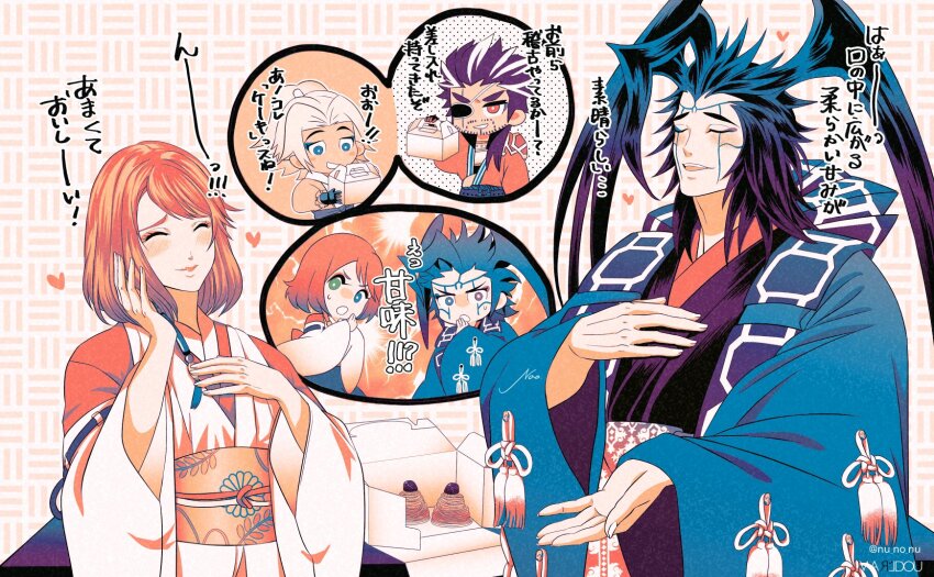 !? 1girl 3boys auron beads blonde_hair blue_eyes blush brown_hair chibi closed_eyes eyepatch facial_hair facial_mark final_fantasy final_fantasy_x green_eyes hair_beads hair_ornament hand_on_own_chest hand_to_own_mouth heart heterochromia highres japanese_clothes kabuki kimono multiple_boys ponytail seymour_guado stubble sweatdrop tidus twintails twitter_username upper_body warldou wide-eyed wide_sleeves yuna_(ff10)