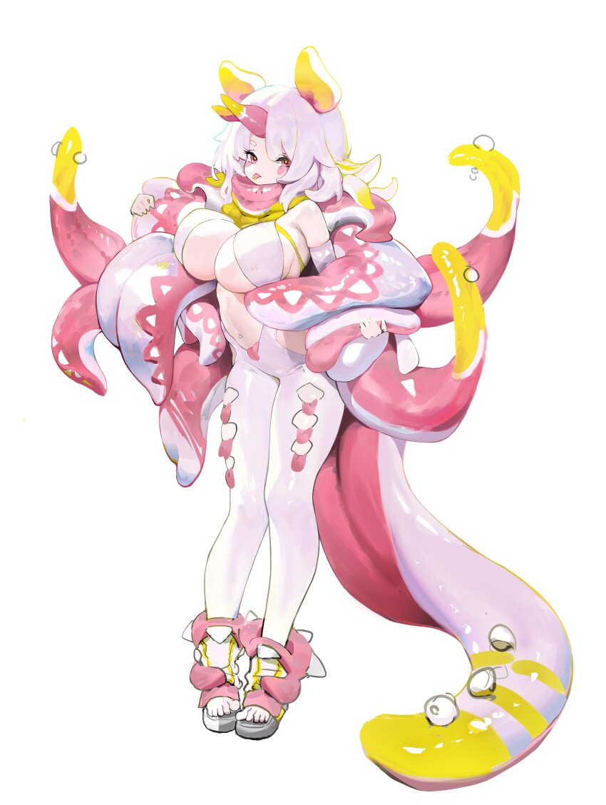 1girl absurdres blonde_hair bodysuit breasts commentary detached_sleeves full_body highres horns huge_breasts long_hair looking_at_viewer monster_girl multicolored_hair multiple_horns navel_piercing original piercing pink_eyes red_eyes rogger92 sandals simple_background solo standing tentacles tongue tongue_out tongue_piercing white_background white_bodysuit white_hair