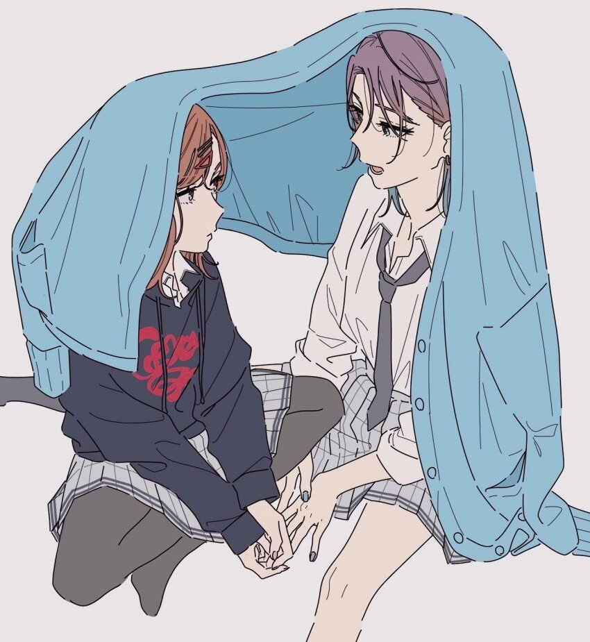 2girls ahoge asakura_toru black_necktie black_pantyhose black_sweater blue_cardigan blue_eyes blue_hair blue_nails brown_hair cardigan closed_mouth collared_shirt colored_tips commentary_request earrings grey_skirt highres higuchi_madoka holding_hands idolmaster idolmaster_shiny_colors improvised_umbrella indian_style jewelry kamatama_rom multicolored_hair multiple_girls nail_polish necktie no_shoes open_mouth pantyhose pink_nails plaid_clothes plaid_skirt pleated_skirt purple_eyes purple_hair school_uniform shared_improvised_umbrella shirt shirt_tucked_in simple_background sitting skirt sweater white_background white_shirt