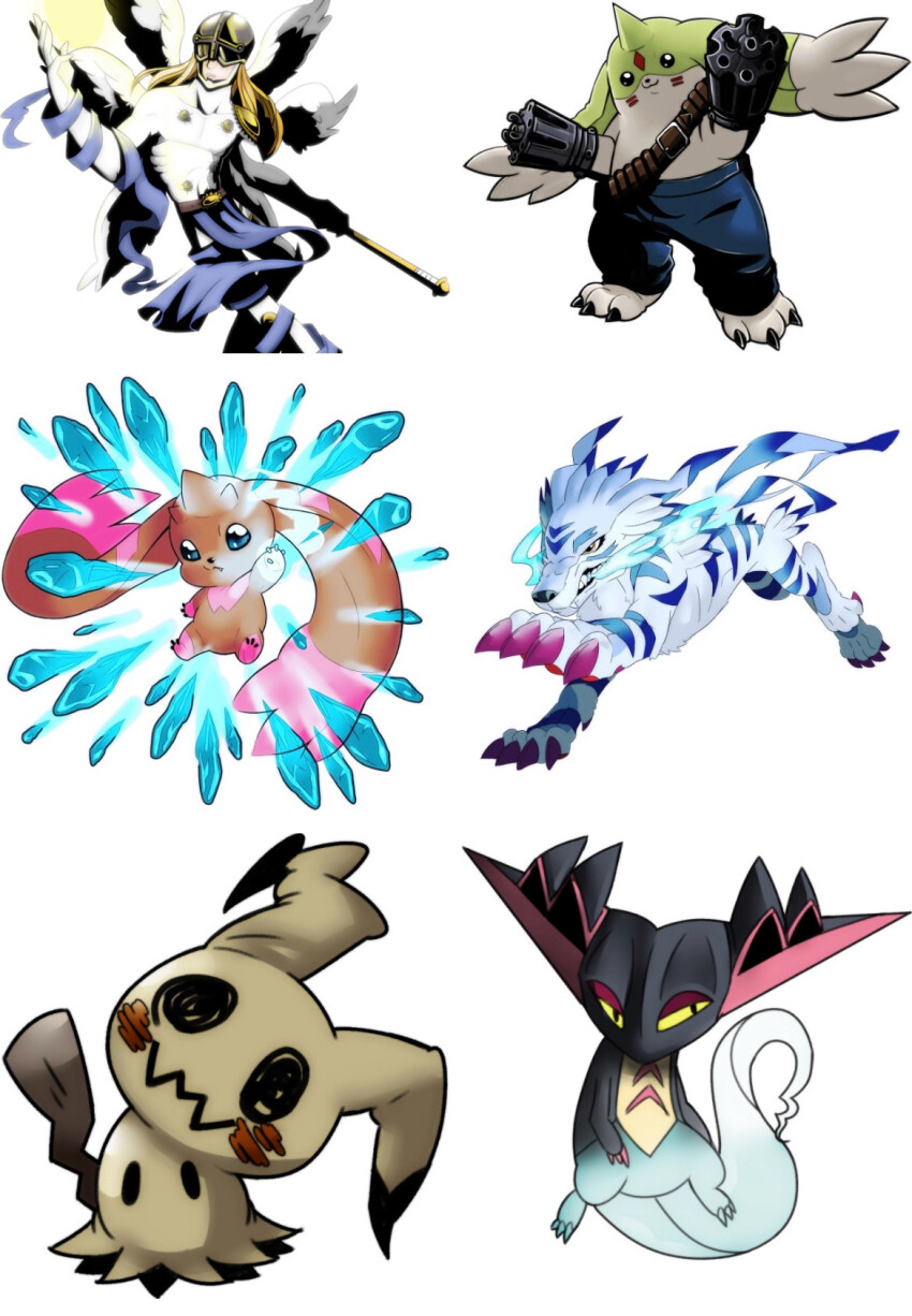 angel_boy angemon costume digimon digimon_(creature) galgomon garurumon gen_7_pokemon highres lopmon mimikyu nintendo pokemon pokemon_(creature) tail