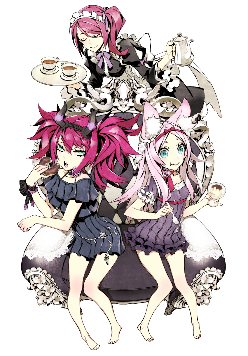 7th_dragon_(series) 7th_dragon_iii :t absurdres alternate_costume animal_ears barefoot black_dress blue_eyes bow bowing closed_eyes closed_mouth cup donut dress eating fake_horns food fortuner_(7th_dragon) fox_ears full_body god-hand_(7th_dragon) green_eyes high_ponytail highres holding holding_food holding_spoon holding_teapot holding_tray horns long_hair mage_(7th_dragon) mage_(7th_dragon_iii) maid maid_headdress miwa_shirow on_chair open_mouth pink_hair ponytail pudding purple_hair saucer simple_background sitting smile spoon teacup teapot thighs tray twintails white_background white_bow