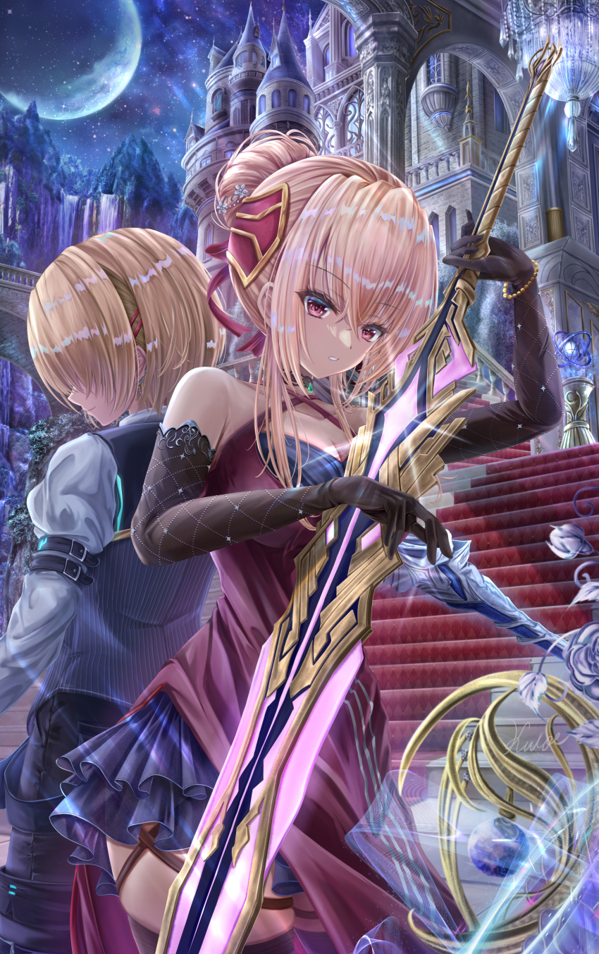 2girls absurdres back-to-back bare_shoulders black_gloves blonde_hair breasts castle dress elbow_gloves full_moon gloves hair_bun hair_ornament heaven_burns_red highres holding holding_sword holding_weapon kayamori_ruka kuroe_maruru long_hair moon multiple_girls night night_sky outdoors red_dress red_eyes shirakawa_yuina short_hair skirt sky stairs star_(sky) sword thighhighs weapon
