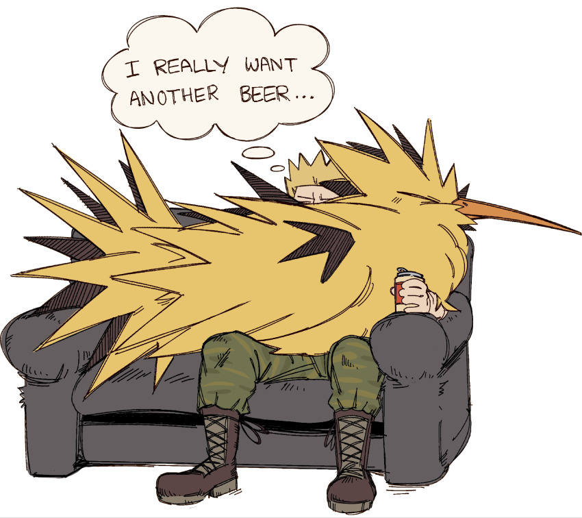 1boy animal animal_focus animal_on_lap bird blonde_hair boots camouflage camouflage_shirt can closed_eyes commentary couch english_text from_side full_body gen_1_pokemon hatching_(texture) highres holding holding_can legendary_pokemon linear_hatching lying military_uniform nintendo number-only_commentary on_couch on_lap on_stomach pants pokemon pokemon_(creature) pokemon_hgss puffed_up shirt shittysurges short_hair simple_background sitting sitting_on_lap sitting_on_person speech_bubble surge_(pokemon) thought_bubble white_background zapdos