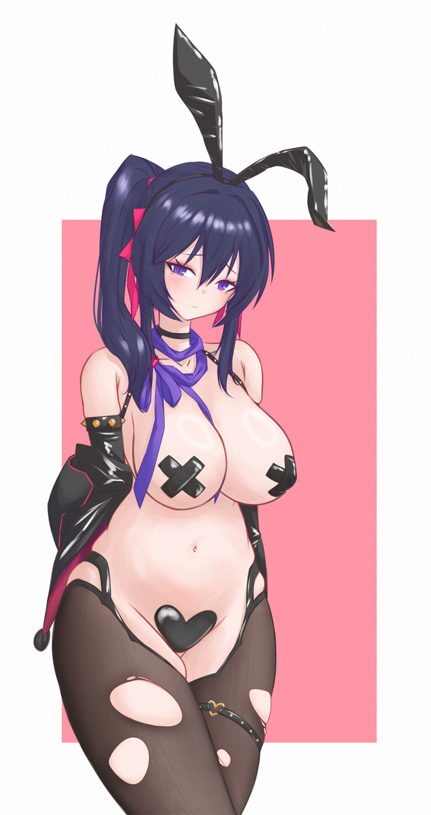 1girl animal_ears armlet armpits black_gloves blush breasts brown_dust_(series) brown_dust_2 brown_pantyhose chelimas_(arcalive) cleavage closed_mouth cross cross_pasties fake_animal_ears gloves groin hair_between_eyes heart_maebari highres jewelry large_breasts loen_(brown_dust_2) loen_(celebrity_bunny)_(brown_dust_2) long_hair looking_at_viewer maebari meme_attire navel pantyhose pasties purple_eyes purple_hair reverse_bunnysuit reverse_outfit side_ponytail solo spiked_armlet stomach thigh_strap