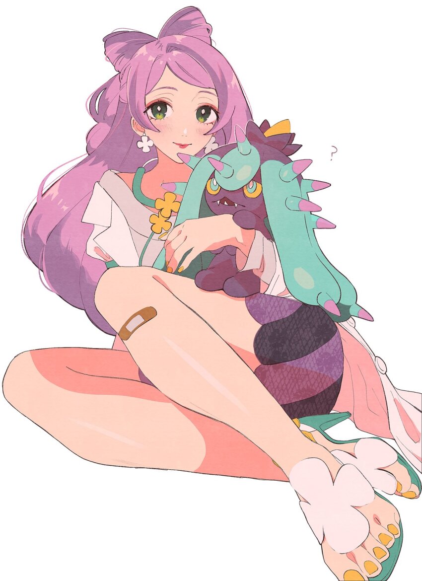 1girl ? bandaid bandaid_on_leg blush closed_mouth coat commentary_request earrings eyeshadow flower_earrings gen_7_pokemon green_eyes green_footwear high_heels highres holding holding_pokemon jewelry lab_coat legs light_purple_hair long_hair looking_at_viewer makeup mareanie miriam_(pokemon) nail_polish nintendo off-shoulder_sweater off_shoulder open_clothes open_coat osg_pk pokemon pokemon_(creature) pokemon_on_leg pokemon_sv purple_hair purple_skirt skirt smile stethoscope sweater swept_bangs toenail_polish toenails toes white_background white_coat yellow_nails