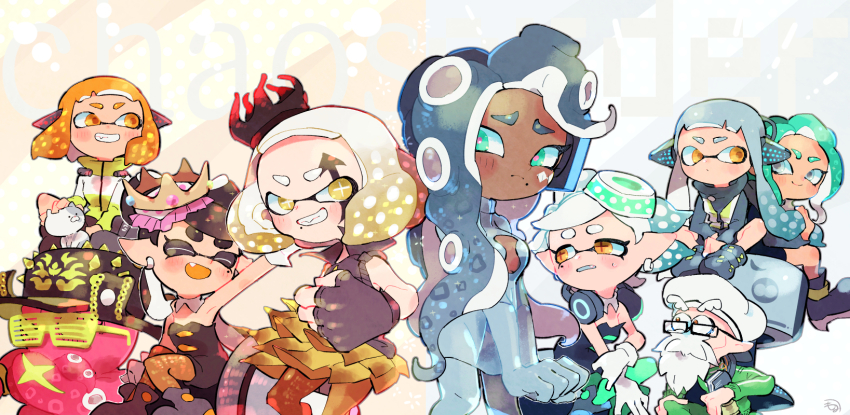 2boys 6+girls agent_3_(splatoon) agent_4_(splatoon) agent_8_(splatoon) ankle_boots aqua_eyes aqua_hair aqua_pantyhose beard behind-the-head_headphones black_crown black_dress black_footwear black_gloves black_hair black_jacket black_jumpsuit blonde_hair blue_bodysuit blue_hair blue_tongue bodysuit boots bow-shaped_hair callie_(splatoon) cap&#039;n_cuttlefish cat cephalopod_eyes cleavage_cutout clenched_hand clenched_hands closed_eyes closed_mouth clothing_cutout collar colored_tongue commentary_request cross-shaped_pupils crown dark-skinned_female dark_skin detached_collar dj_octavio dress earrings facepaint facial_hair fang fingerless_gloves furrowed_brow gloves gold_crown gradient_hair green_jacket grin hand_on_own_arm headphones headphones_around_neck high-visibility_clothing high-visibility_vest highres horizontal_pupils hyper_bomb_(splatoon) inkling jacket jewelry jumpsuit kirikuchi_riku li&#039;l_judd_(splatoon) long_hair looking_at_another marie_(splatoon) marina_(splatoon) marina_(team_order)_(splatoon) medium_hair mole mole_under_eye mole_under_mouth multicolored_hair multiple_boys multiple_girls nintendo octoling official_alternate_costume old old_man open_mouth orange_eyes orange_hair orange_pantyhose orange_tongue pantyhose parted_bangs pearl_(splatoon) pearl_(team_chaos)_(splatoon) petting pink_pupils pointy_ears short_jumpsuit sitting smile splatoon_(series) splatoon_2 strapless strapless_dress sweat swept_bangs symbol-shaped_pupils tentacle_hair thick_eyebrows tilted_headwear twintails two-tone_hair v-shaped_eyebrows wavy_hair white_collar white_gloves white_hair yellow_eyes