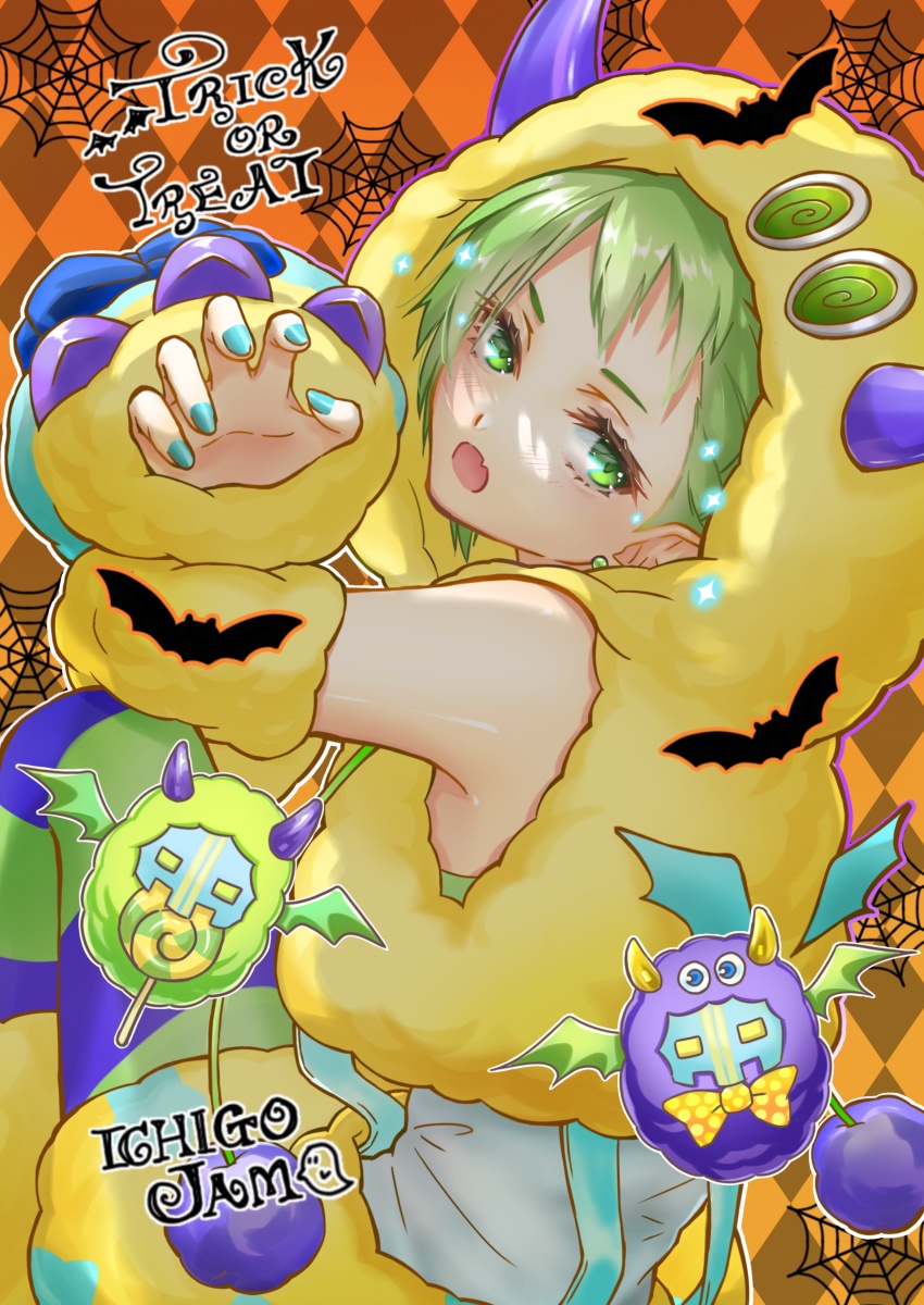absurdres bat_(animal) bow bowtie candy demon_wings earrings fake_horns food green_eyes green_hair halloween halloween_costume highres hood horns ichigo_jam jewelry looking_at_viewer macross macross_delta open_mouth pointy_ears reina_prowler short_hair trick_or_treat walkure_(macross_delta) wings