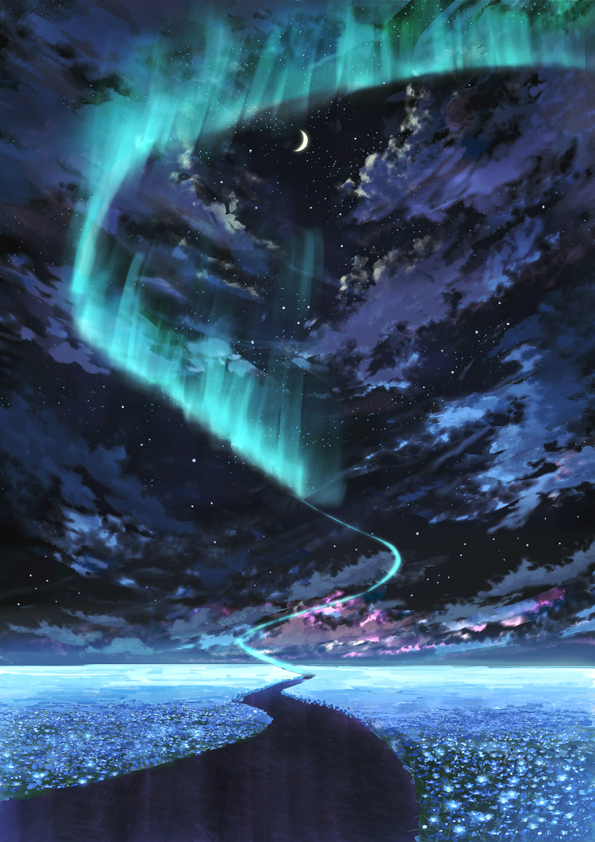 aurora canada cloud commentary crescent crescent_moon english_commentary flower glowing highres kojomi_(7j543) moon nemophila_(flower) night night_sky no_humans original river scenery sky star_(sky) starry_sky