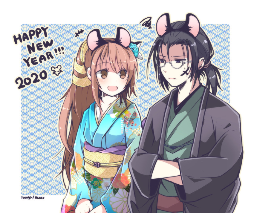 1boy 1girl alternate_costume animal_ear_hairband animal_ears aqua_flower artist_name black_hair black_jacket blue_kimono blush border breasts brown_eyes brown_hair chinese_zodiac crossed_arms fake_animal_ears final_fantasy final_fantasy_vii floral_print floral_print_kimono flower glasses green_kimono grey_eyes hair_between_eyes hair_flower hair_ornament hairband happy_new_year highres jacket japanese_clothes kimono long_hair looking_at_another low_ponytail lucrecia_crescent medium_breasts medium_hair mouse_ears nanao_(zonzonsh) new_year open_mouth parted_lips patterned_background ponytail print_kimono professor_houjou smile sweatdrop upper_body v_arms white_border year_of_the_rat