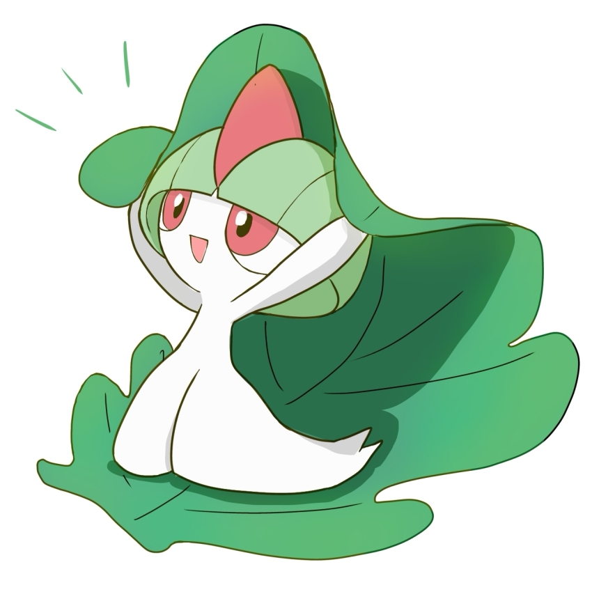 1other arms_up blunt_bangs bowl_cut child colored_skin full_body gen_3_pokemon green_hair happy highres leaf looking_afar looking_up monya nintendo notice_lines open_mouth other_focus outstretched_arms pokemon pokemon_(creature) ralts red_eyes short_hair smile solo standing white_skin