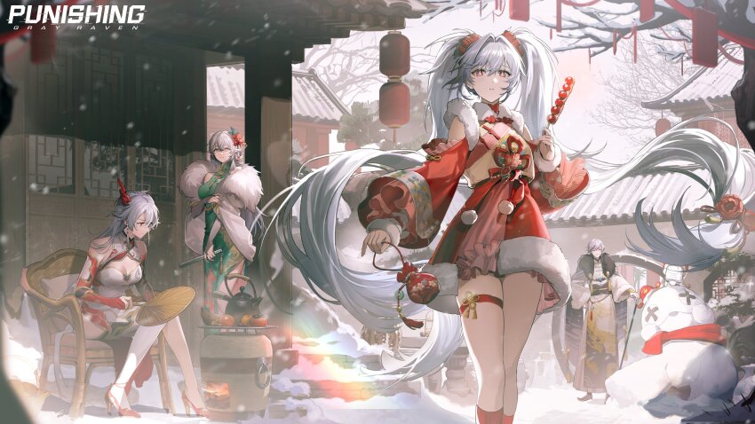 1boy 3girls absurdres alpha_(pgr) breasts china_dress chinese_clothes chinese_new_year cleavage cooking dress fire highres lamia:_lost_lullaby_(pgr) lamia_(pgr) lantern large_breasts long_hair lucia:_crimson_weave_(pgr) lucia:_crimson_weave_(vow_of_dragon)_(pgr) luna:_oblivion_(pgr) luna_(pgr) multiple_girls new_year official_art paper_lantern punishing:_gray_raven roland:_flambeau_(pgr) roland_(pgr) sitting snow snowing snowman twintails white_hair