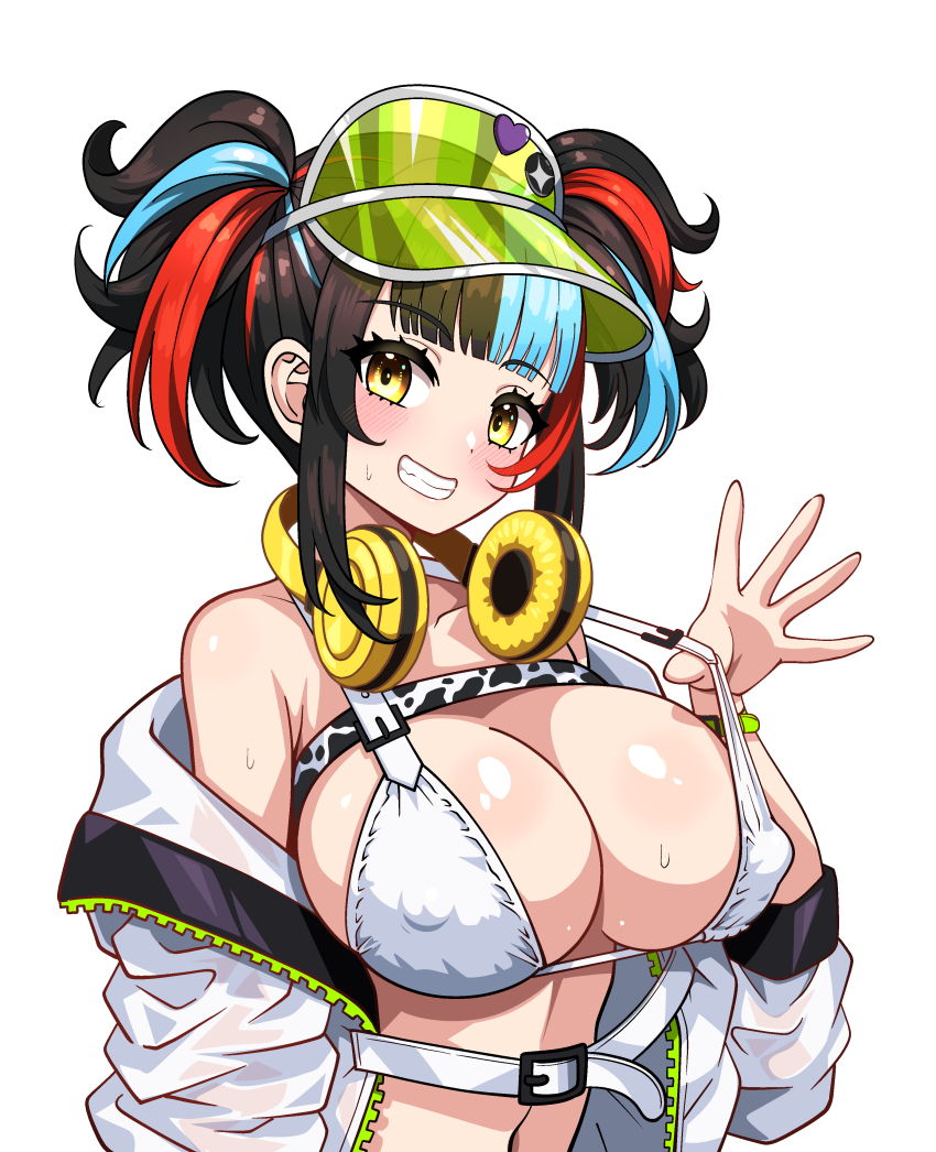 1girl absurdres badge bare_shoulders bikini black_hair blue_hair blush breasts button_badge cleavage covered_erect_nipples fate/grand_order fate_(series) green_hat grin hat headphones headphones_around_neck highres jacket large_breasts long_hair long_sleeves looking_at_viewer multicolored_hair navel off_shoulder open_clothes open_jacket red_hair sei_shounagon_(fate) sei_shounagon_(swimsuit_berserker)_(first_ascension)_(fate) sekai_saisoku_no_panda sidelocks smile solo swimsuit twintails visor_cap white_bikini white_jacket yellow_eyes
