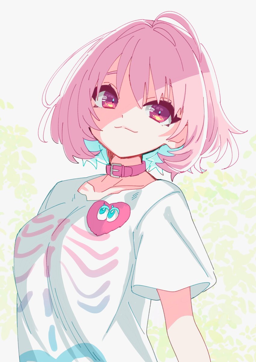 1girl absurdres belt belt_collar blush breasts choker closed_mouth collar highres idolmaster idolmaster_cinderella_girls idolmaster_cinderella_girls_starlight_stage looking_at_viewer medium_hair pink_belt pink_choker pink_collar pink_eyes pink_hair shirt short_sleeves skeleton_print smile solo sukoyaka_(100hituzi) t-shirt white_shirt yumemi_riamu