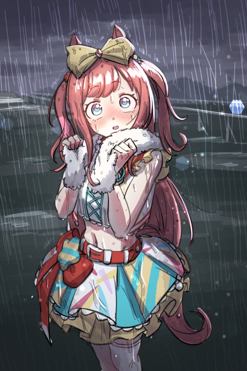 1girl absurdres agnes_digital_(umamusume) animal_ears belt blue_eyes blurry blurry_background blush bow commentary_request dress grass hair_bow hair_ornament highres hobgoblin-kim horse_ears korean_commentary long_hair midriff mountain navel open_mouth outdoors pink_hair racetrack rain ribbon single_thighhigh solo thighhighs towel towel_around_neck umamusume wet wet_clothes wet_dress wet_hair