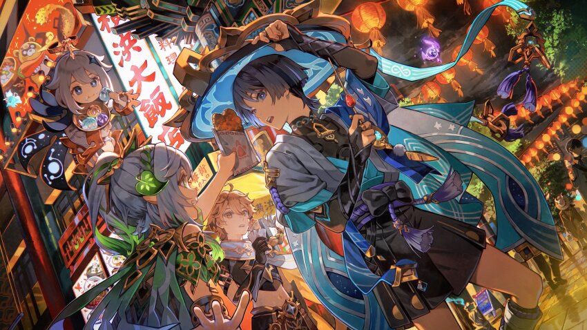2boys 2girls :t absurdres aether_(genshin_impact) ahoge anachronism animal_print architecture arm_at_side arm_up armlet armor bell belt billboard bird_print black_bodysuit black_bow black_bridal_gauntlets black_cape black_eyes black_gloves black_shirt black_shorts blonde_hair blue_cape blue_gemstone blue_hat blue_kimono blue_sleeves bodysuit bow bowl bracelet bridal_gauntlets bright_pupils cape chili_pepper city closed_mouth cloud cloudy_sky colored_tips contemporary covered_collarbone crop_top detached_sleeves dress east_asian_architecture eating eyelashes eyeliner eyeshadow feathers festival fingernails flying food food_on_face food_wrapper fried_rice furisode gem genshin_impact gloves glowing glowing_hair glowing_leaves gold gold_belt gold_halo gold_trim green_cape green_eyes green_gemstone green_hair green_sleeves guest_art guoba_(genshin_impact) hair_ornament hakama hakama_shorts half_crown_braid halo hand_up hat height_difference highres hilichurl_(genshin_impact) holding holding_bowl holding_food holding_skewer japanese_armor japanese_clothes jewelry jingasa juban kimono kote kurokote kyuuba_melo lantern layered_sleeves leaf leaf_hair_ornament long_hair long_sleeves looking_at_another makeup mandarin_collar mask mechanical_halo midriff multicolored_hair multiple_boys multiple_girls nahida_(genshin_impact) navel night night_sky oculus_(genshin_impact) open_clothes open_hand open_kimono open_mouth outdoors paimon_(genshin_impact) paper_lantern pleated_shorts pointy_ears pom_pom_(clothes) purple_rope purple_sash red_eyeliner red_eyeshadow romper rope sash scaramouche_(genshin_impact) scarf sharing_food shirt short_hair short_hair_with_long_locks short_sleeves shorts side_ponytail sidelocks skewer sky slime_(genshin_impact) streaked_hair tassel teeth tree tsurime upper_teeth_only vambraces walking wanderer_(genshin_impact) white_dress white_hair white_kimono white_pupils white_romper white_scarf white_sleeves white_trim wok yellow_eyes yellow_feathers yellow_pupils