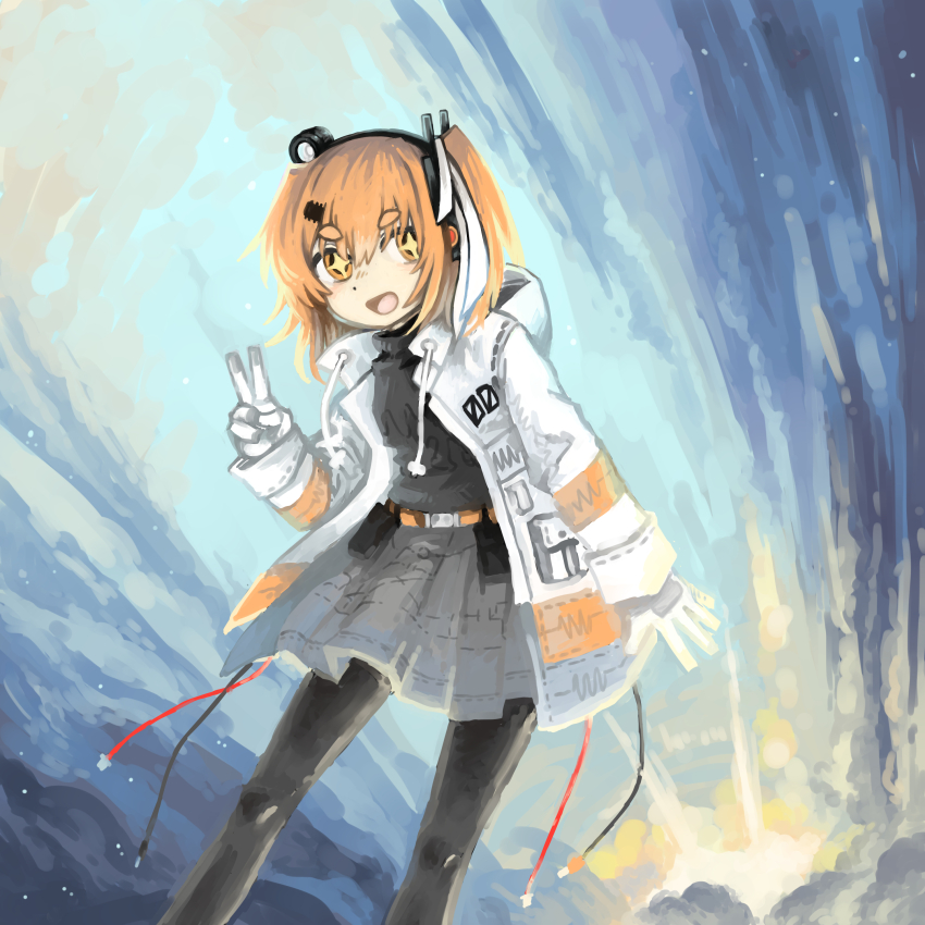 1girl a.i._voice absurdres adachi_rei belt belt_pouch black_leggings black_shirt cable cloud dot_nose feet_out_of_frame gloves grey_skirt hair_ornament hair_ribbon hairclip hand_up headlamp headset highres hood hood_down hooded_jacket jacket leaning_forward leggings light_particles long_sleeves looking_at_viewer medium_hair one_side_up open_clothes open_jacket open_mouth orange_belt orange_eyes orange_hair pleated_skirt pouch radio_antenna ribbon shirt short_eyebrows sideways_glance skirt smile solo sparkling_eyes subaru_namisaki thick_eyebrows turtleneck utau v white_gloves white_ribbon