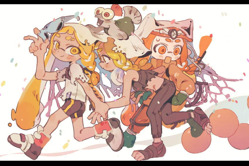 0_05kmgrn 3girls agent_3_(splatoon_3) bandaged_foot bandages bike_shorts black_pants black_shirt black_shorts blonde_hair boots braid cape choker closed_mouth colored_tongue commentary creature_on_head crop_top eyebrow_cut full_body gloves green_boots green_gloves grey_boots hand_grab headlamp helmet highres holding holding_removed_eyewear ink_tank_(splatoon) inkling inkling_girl inkling_player_character jumpsuit letterboxed long_hair mining_helmet multiple_girls nintendo open_mouth orange_eyes orange_hair orange_helmet orange_jumpsuit orange_tongue pants pointy_ears rubber_boots rubber_gloves salmon_run_(splatoon) salmonid shirt short_sleeves shorts single_braid smallfry_(splatoon) smile splatoon_(series) splatoon_3 sunglasses tentacle_hair torn_cape torn_clothes torn_shirt unworn_eyewear white_cape white_choker white_shirt yellow_eyes