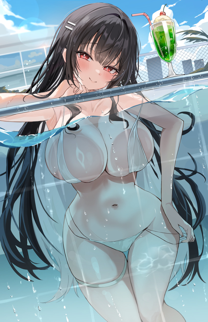 1girl absurdres armpits bare_arms bare_shoulders bikini black_hair breasts bright_pupils cleavage closed_mouth colored_inner_hair commentary_request commission cup day drinking_glass hailiu hair_ornament hairclip hand_up highres korean_commentary large_breasts long_hair looking_at_viewer multi-strapped_bikini_bottom multicolored_hair navel original outdoors partially_submerged pool pulling_own_clothes red_eyes rie_(mirae_yang) second-party_source skindentation smile solo stomach strap_pull strap_slip string_bikini swimsuit thigh_gap thigh_strap thighs tropical_drink two-tone_hair very_long_hair water wet white_bikini white_hair