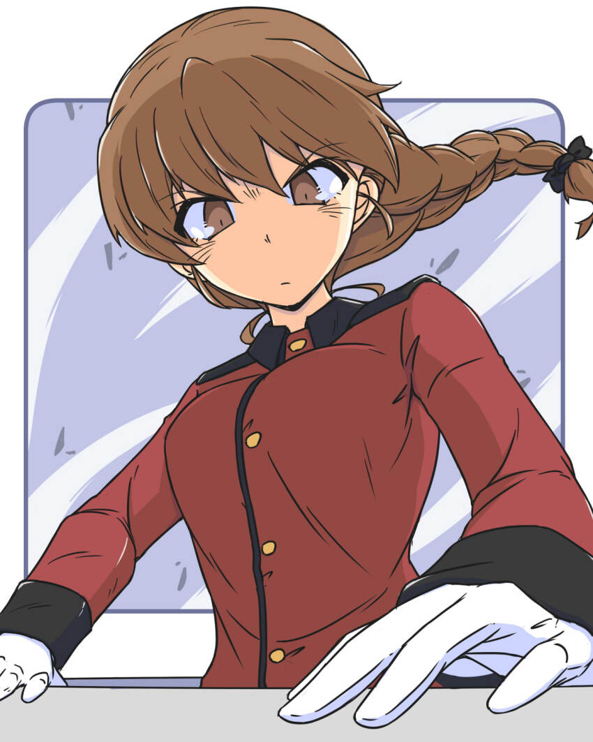 1girl black_ribbon braid braided_ponytail brown_eyes brown_hair closed_mouth commentary foreshortening frown girls_und_panzer gloves hair_ribbon highres jacket long_hair long_sleeves looking_at_viewer military_uniform outside_border red_jacket renshiu ribbon rounded_corners rukuriri_(girls_und_panzer) single_braid solo st._gloriana&#039;s_military_uniform white_gloves wind