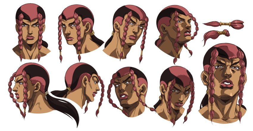 1boy araki_hirohiko_(style) braid brown_eyes brown_hair closed_mouth grandguerrilla highres jojo_no_kimyou_na_bouken looking_at_viewer male_focus multicolored_hair multiple_views official_style parted_lips ponytail portrait red_hair sandman_(sbr) side_braids simple_background steel_ball_run two-tone_hair white_background