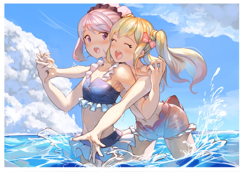 10s 2girls ^_^ aikatsu! aikatsu!_(series) aikatsu_stars! bikini blonde_hair blue_bikini blue_eyes blush bow breasts closed_eyes day closed_eyes facing_another frilled_bikini frills hair_bow holding_hands hug hug_from_behind interlocked_fingers koruse long_hair looking_at_another medium_breasts medium_hair multiple_girls navel nijino_yume open_mouth outdoors pink_bow pink_hair red_bikini sakuraba_rola short_hair smile splashing swimsuit twintails wading