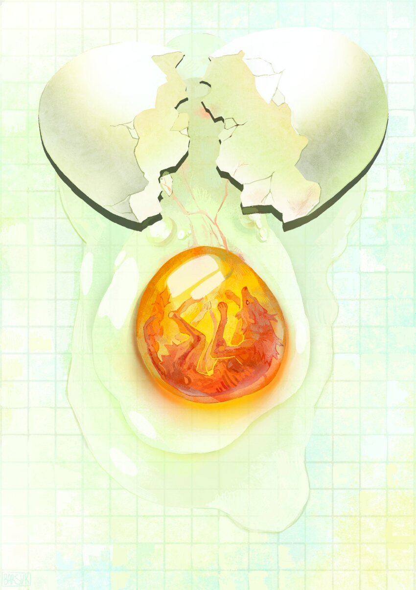 1other animal animal_focus barsuk commentary cracked_egg egg egg_yolk english_commentary grid_background highres no_humans original solo stuck white_background wolf