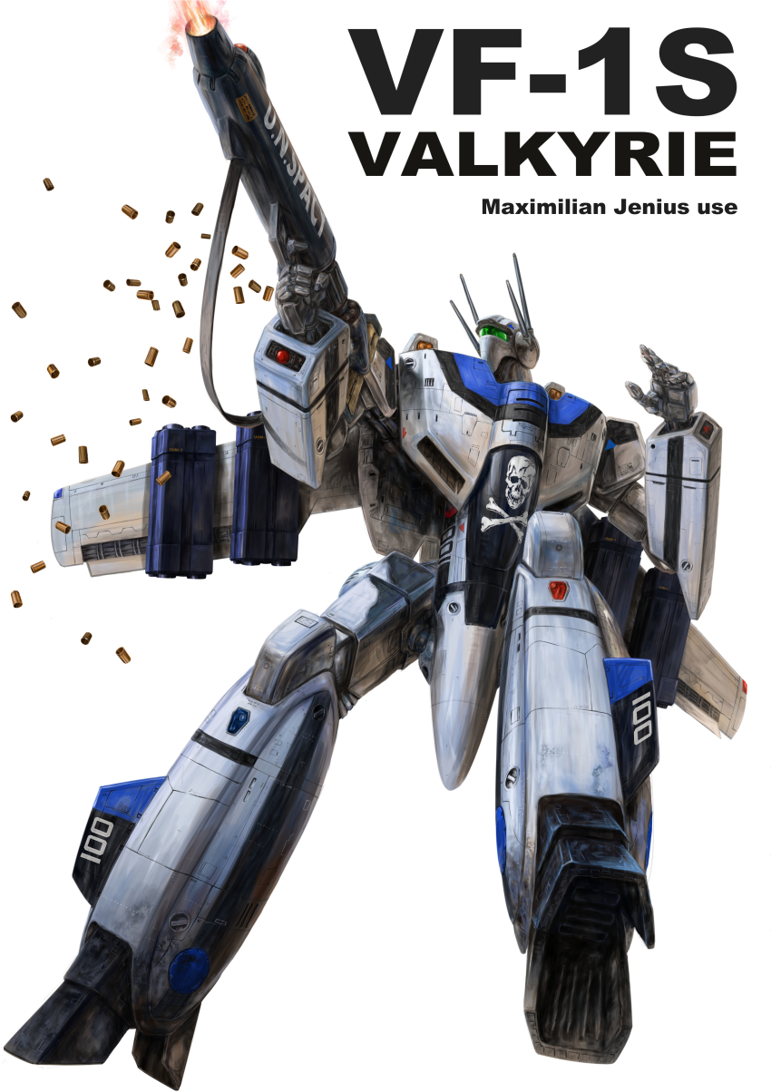 1980s_(style) absurdres battle commentary_request damaged dirty energy_cannon firing gunpod highres jolly_roger macross macross:_do_you_remember_love? maximilian_jenius mecha mecha_focus missile missile_pod official_style oldschool realistic retro_artstyle robot roundel science_fiction shell_casing simple_background solo strap takani_yoshiyuki_(style) u.n._spacy variable_fighter vf-1 vf-1j zandan_zero_to_na!?