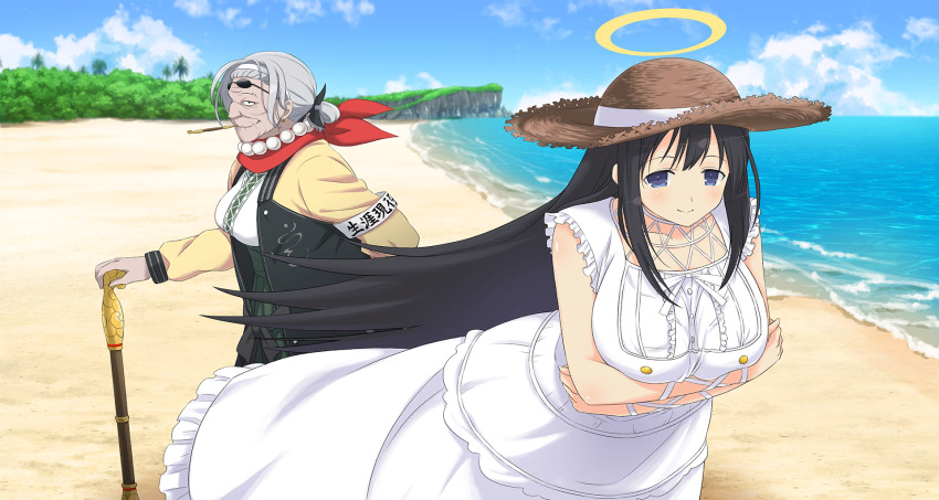 2girls armband arms_under_breasts beach black_hair blue_eyes blue_sky breasts cane crossed_arms dress eyewear_on_head game_cg green_skirt grey_hair hairband halo hand_on_cane hat high-waist_skirt highres jewelry large_breasts long_hair long_skirt long_sleeves multiple_girls necklace non-web_source official_art old old_woman outdoors pearl_necklace red_scarf ryouki_(senran_kagura) sayuri_(senran_kagura) scarf senran_kagura senran_kagura_estival_versus shirt shuriken_hair_ornament skirt sky smile smoking_pipe straw_hat tree water white_armband white_dress white_hairband white_shirt yaegashi_nan