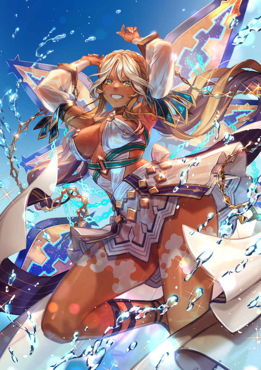 1girl absurdres andromeda_(fate) andromeda_(first_ascension)_(fate) armlet arms_up bare_shoulders belly_chain blonde_hair blue_sky blush braid breasts chain cleavage collar crown_braid cuffs dark-skinned_female dark_skin detached_sleeves dress fate/grand_order fate_(series) gold_teeth green_eyes grin hair_ornament highres hirosaworks jaws jewelry large_breasts long_hair looking_at_viewer low_twintails metal_collar multicolored_hair shackles sidelocks sky smile solo twintails two-tone_hair water white_dress white_hair