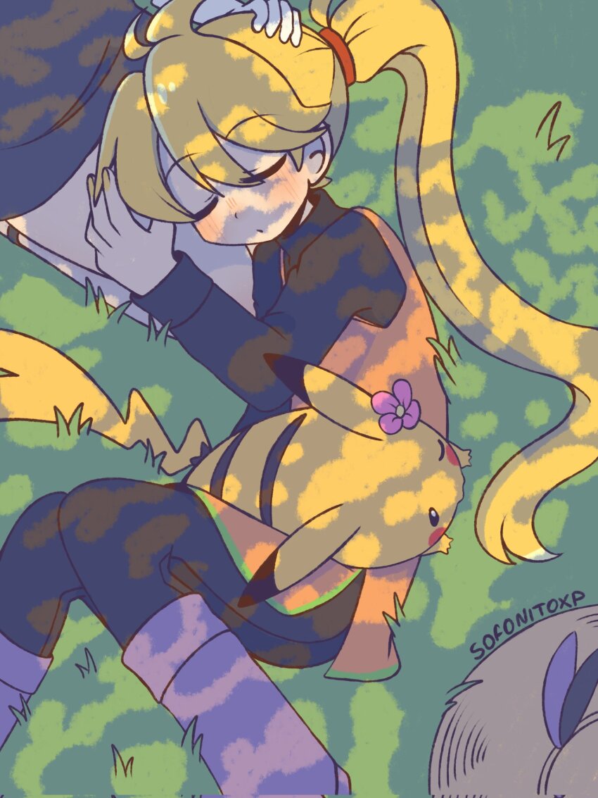 2girls blonde_hair boots closed_eyes flower grass green_(pokemon) hat headpat highres lap_pillow long_hair long_sleeves lying multiple_girls nintendo on_side pika_(pokemon) pikachu pokemon pokemon_(creature) pokemon_adventures ponytail seiza sitting sleeping sofo_soup unworn_hat unworn_headwear yellow_(pokemon)
