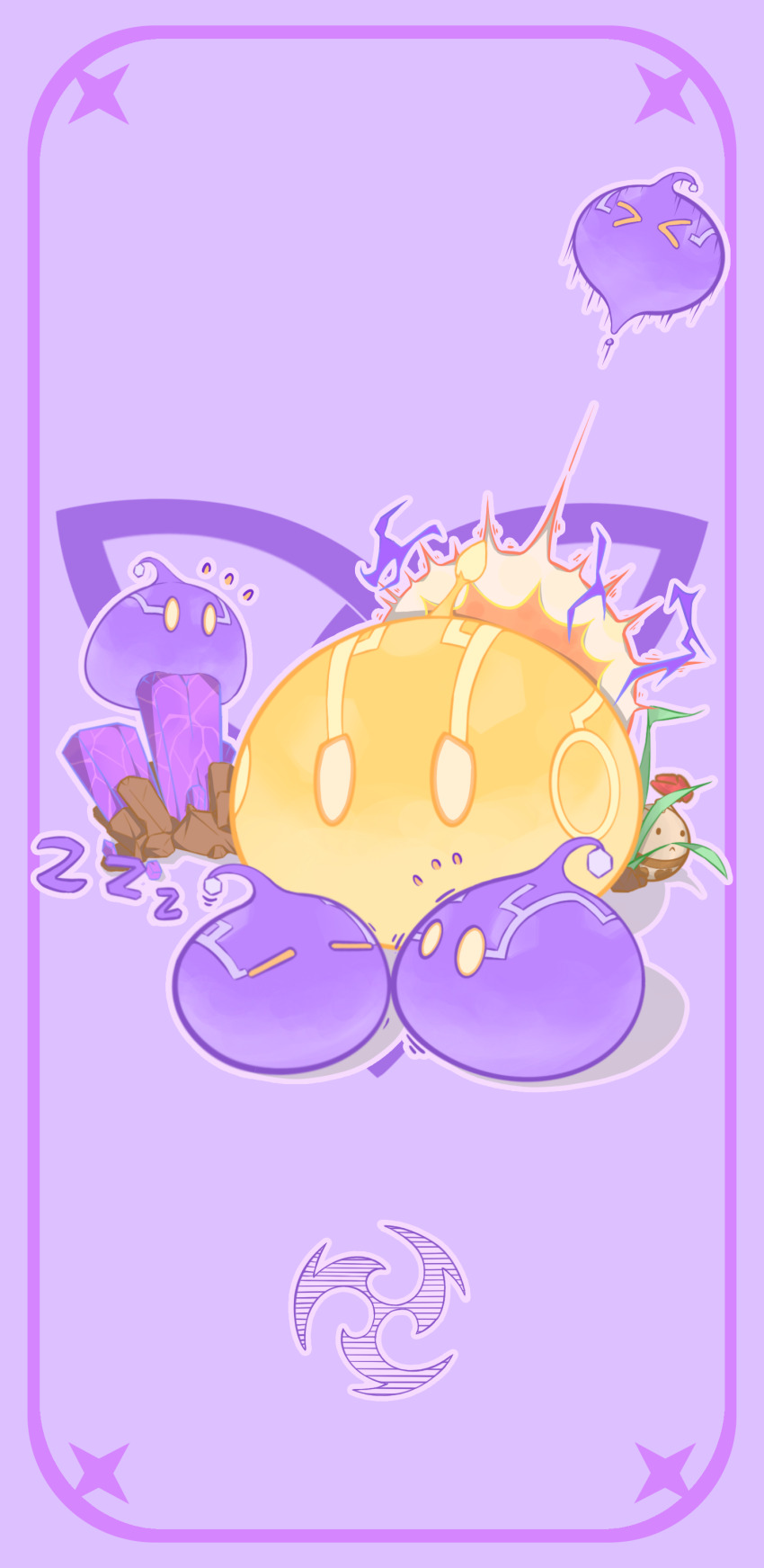 &gt;_&lt; absurdres border ccccrack closed_eyes commentary_request crystal dirt electricity electro_slime_(genshin_impact) explosion flying_sweatdrops full_body genshin_impact highres jumpy_dumpty mutant_electro_slime_(genshin_impact) no_humans outline plant purple_background purple_border simple_background sleeping slime_(creature) slime_(genshin_impact) solid_oval_eyes triquetra white_outline zzz