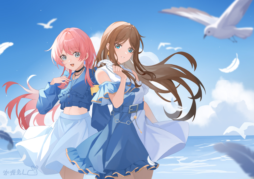 2girls bang_dream! bang_dream!_it&#039;s_mygo!!!!! belt blue_belt blue_jacket brown_hair chihaya_anon chinese_commentary cloud commentary_request dress feathers floating_hair holding holding_feather jacket long_hair long_sleeves midriff multiple_girls nagasaki_soyo pink_hair sidelocks skirt white_dress white_skirt yinranluo