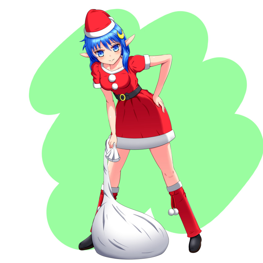 1girl blue_eyes blue_hair christmas closed_mouth crescent crescent_hair_ornament dress full_body hair_ornament hat highres holding holding_sack looking_at_viewer pointy_ears rena_lanford sack santa_costume santa_dress santa_hat short_hair skirt smile solo star_ocean star_ocean_the_second_story